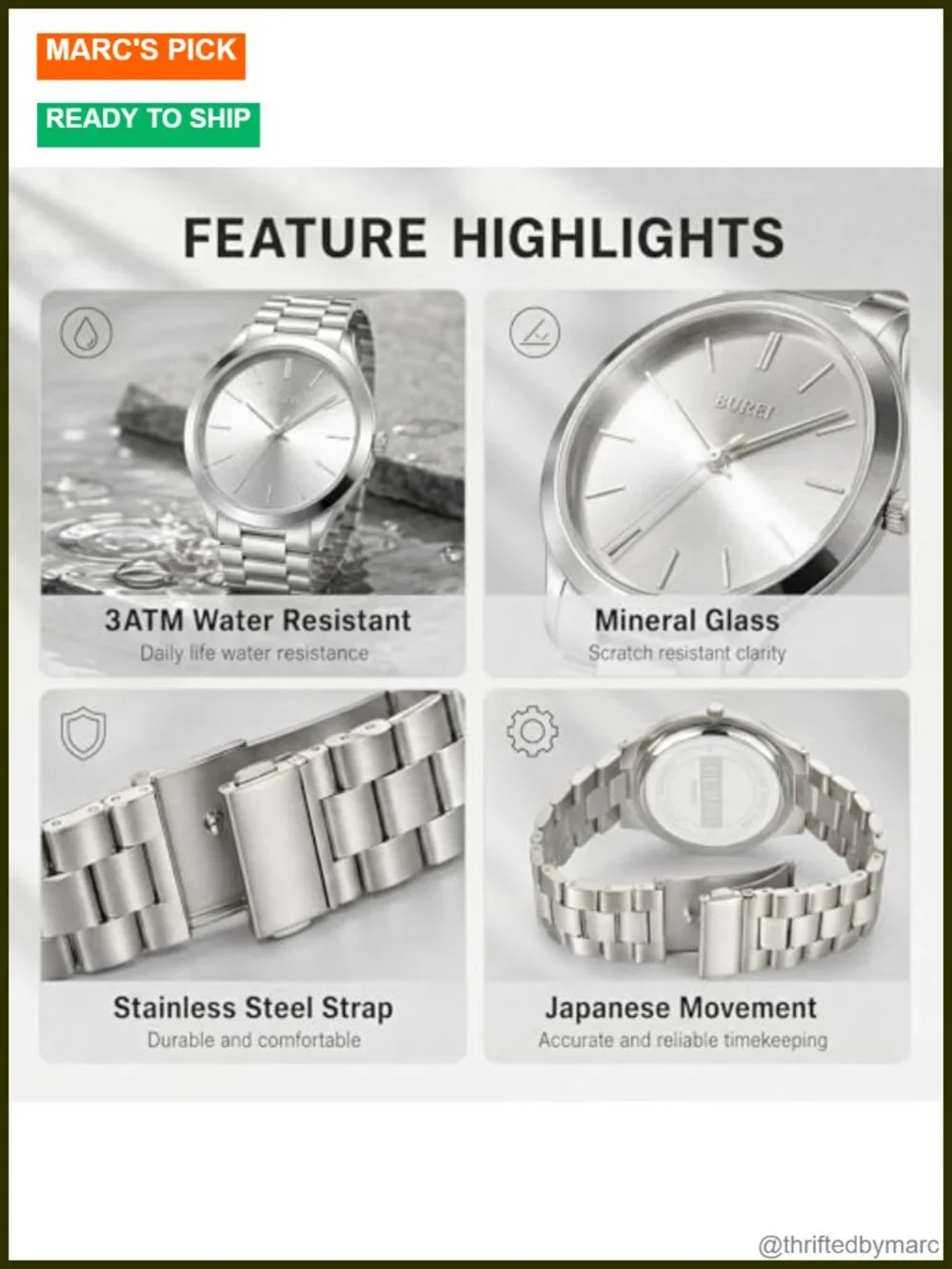Mens Stainless Steel Analog Quartz Waterproof Watch Japanese Movement Gift Box